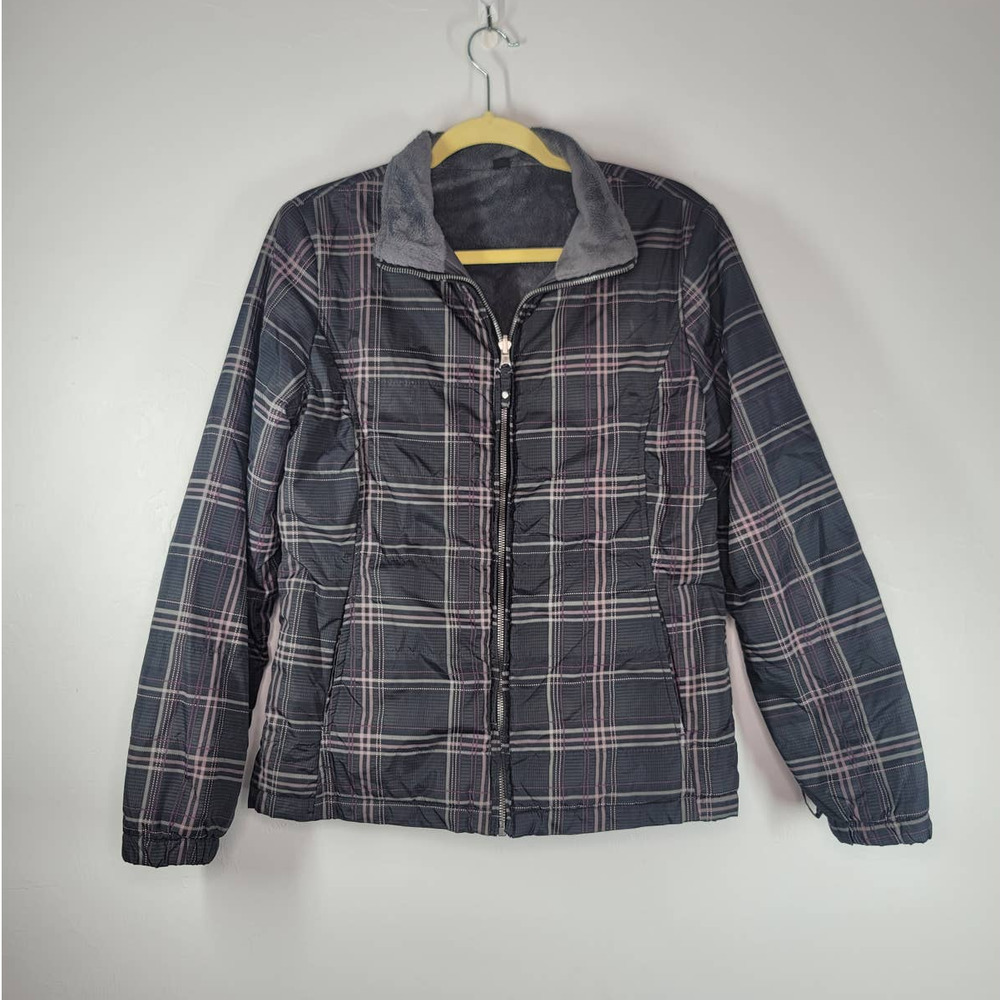 Free Country Coat Jacket Size M Reversible Front Zip Long Sleeve Plaid Gray